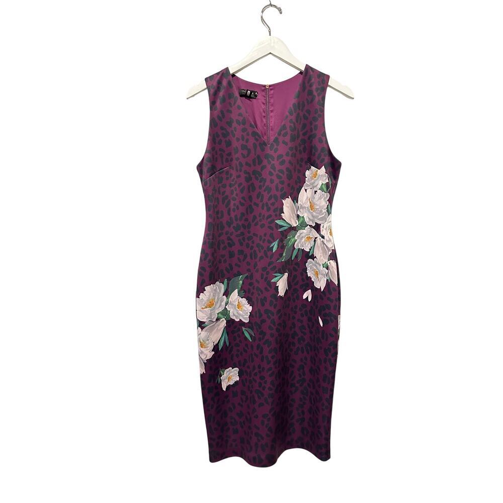 Ted Baker Purple Work V Neck Floral Size 3 8 US Knee Length Animal Office Dress - Picture 2 of 15